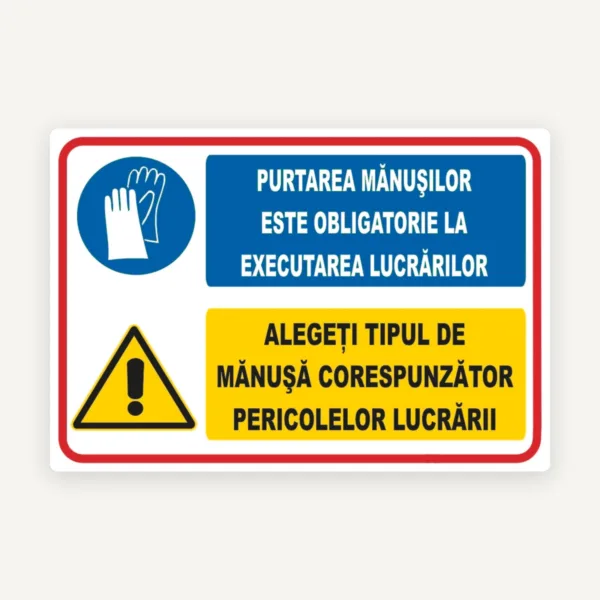 Indicator de securitate - Obligatoriu purtarea mănușilor de protecție la locul de muncă | Semn SSM pentru siguranță industrială