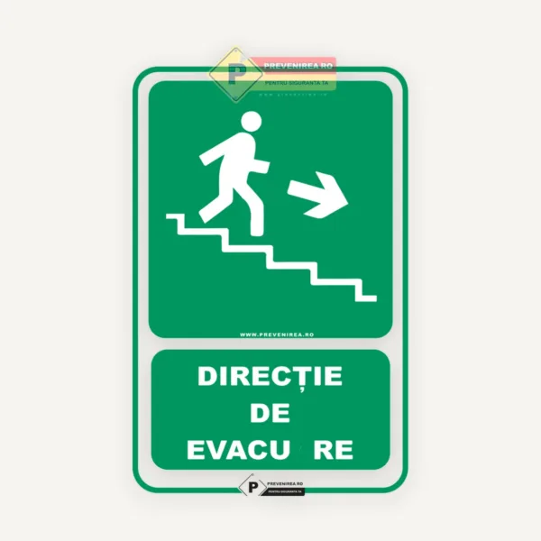 Indicator direcție evacuare scara dreapta jos - semnalizare de siguranță clară și vizibilă