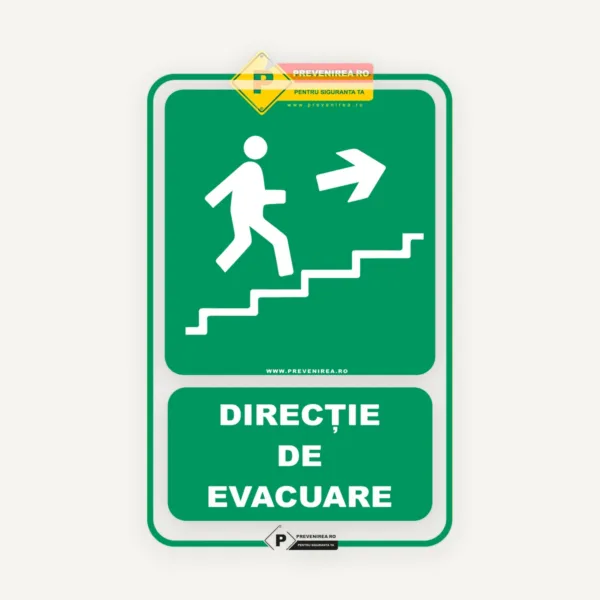 Indicator evacuare scări dreapta sus - semn de siguranță pentru ieșire de urgență, conform norme PSI