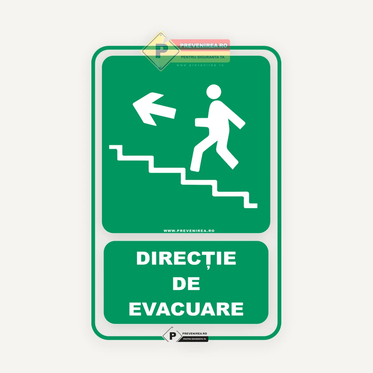 Indicator evacuare scări stânga sus - semnalizare de siguranță pentru clădiri și spații publice