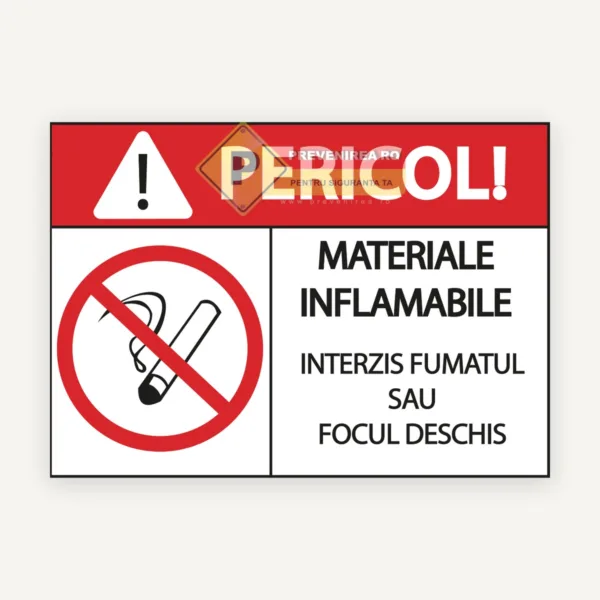 Indicator Pericol - Materiale Inflamabile, Fumatul și Focul Deschis Interzise | Semn de Siguranță Industrială