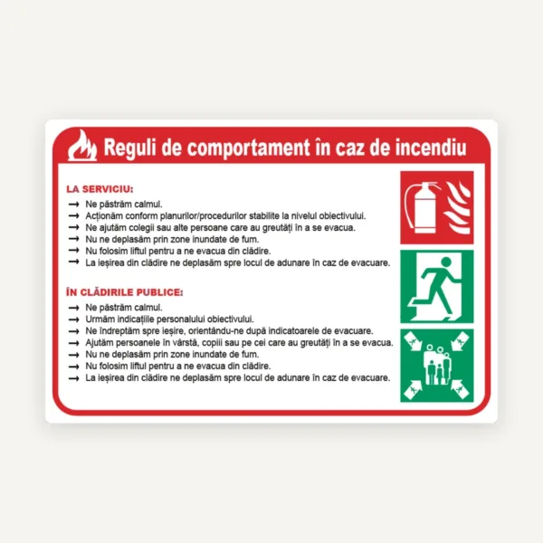 Semn cu reguli de comportare in caz de incendiu