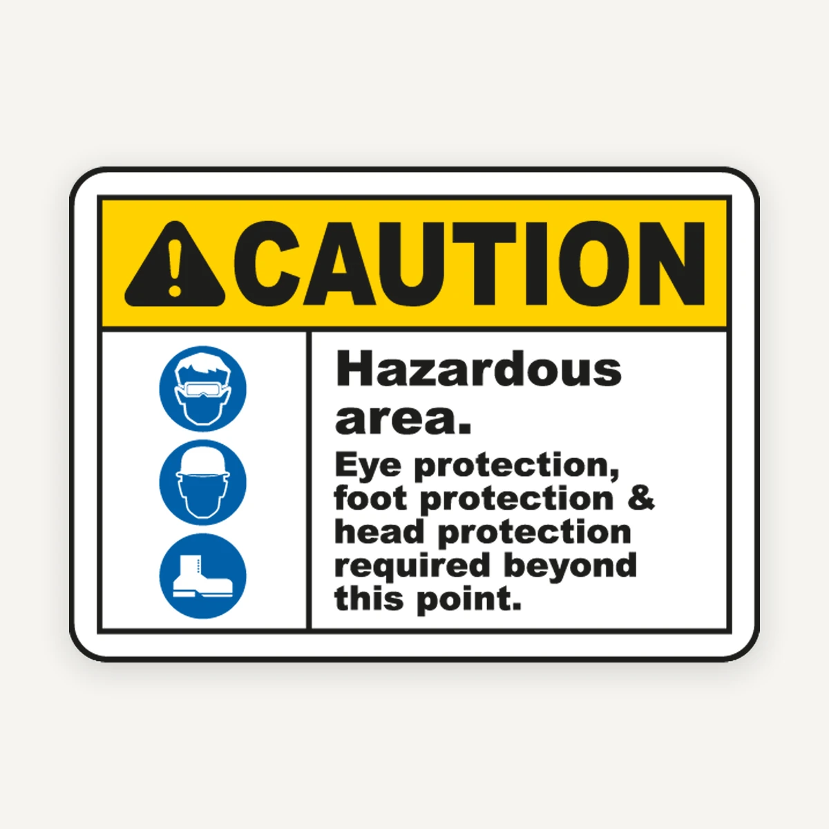 Indicator Atenție: Zonă Periculoasă - Echipament de Protecție Obligatoriu (Ochi, Cap, Picioare)