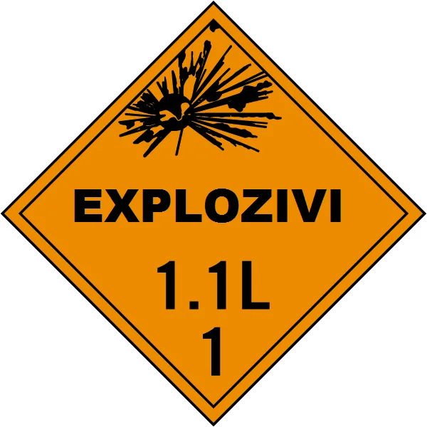 Plăcuță ADR Explozivi Clasa 1.1 L – Marcaj Transport Mărfuri Periculoase