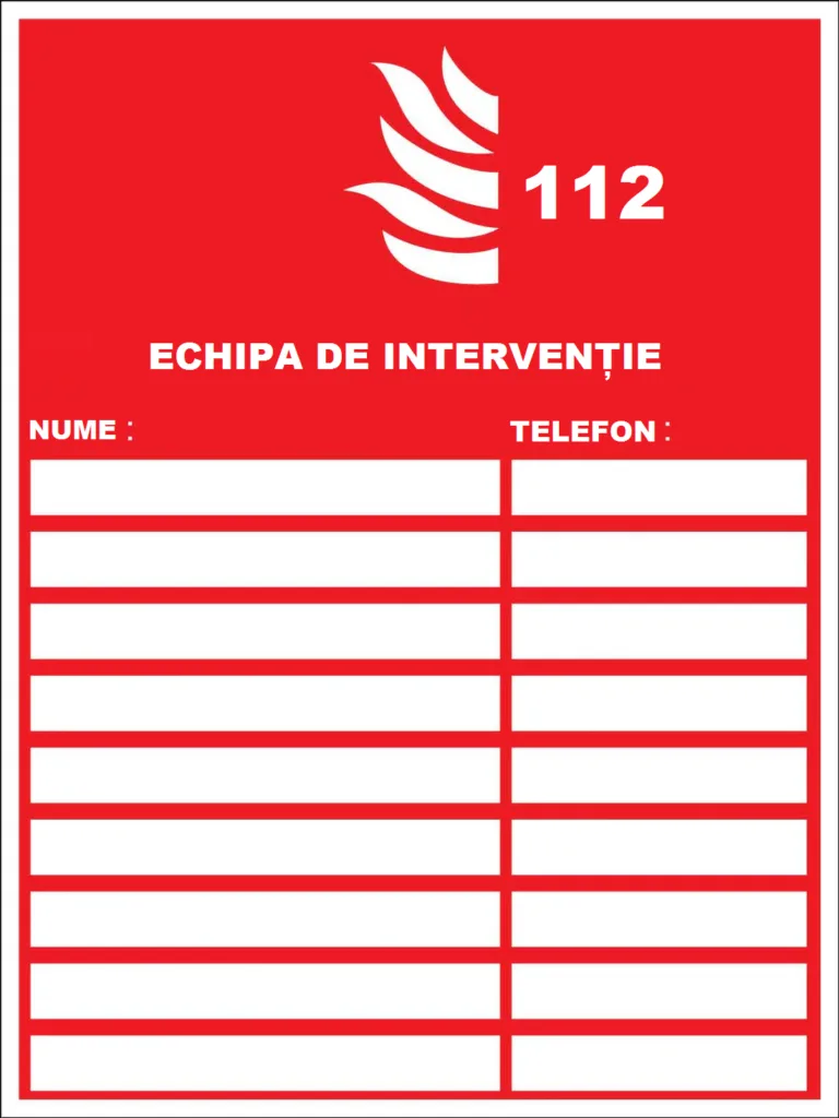 Placuta cu echipa de interventie in caz de incendiu