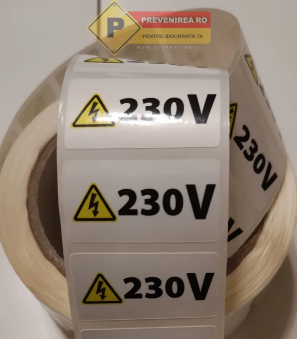 Etichete Priză 230V - Autocolante de Avertizare Tensiune 230 Volți, Rezistente și Vizibile